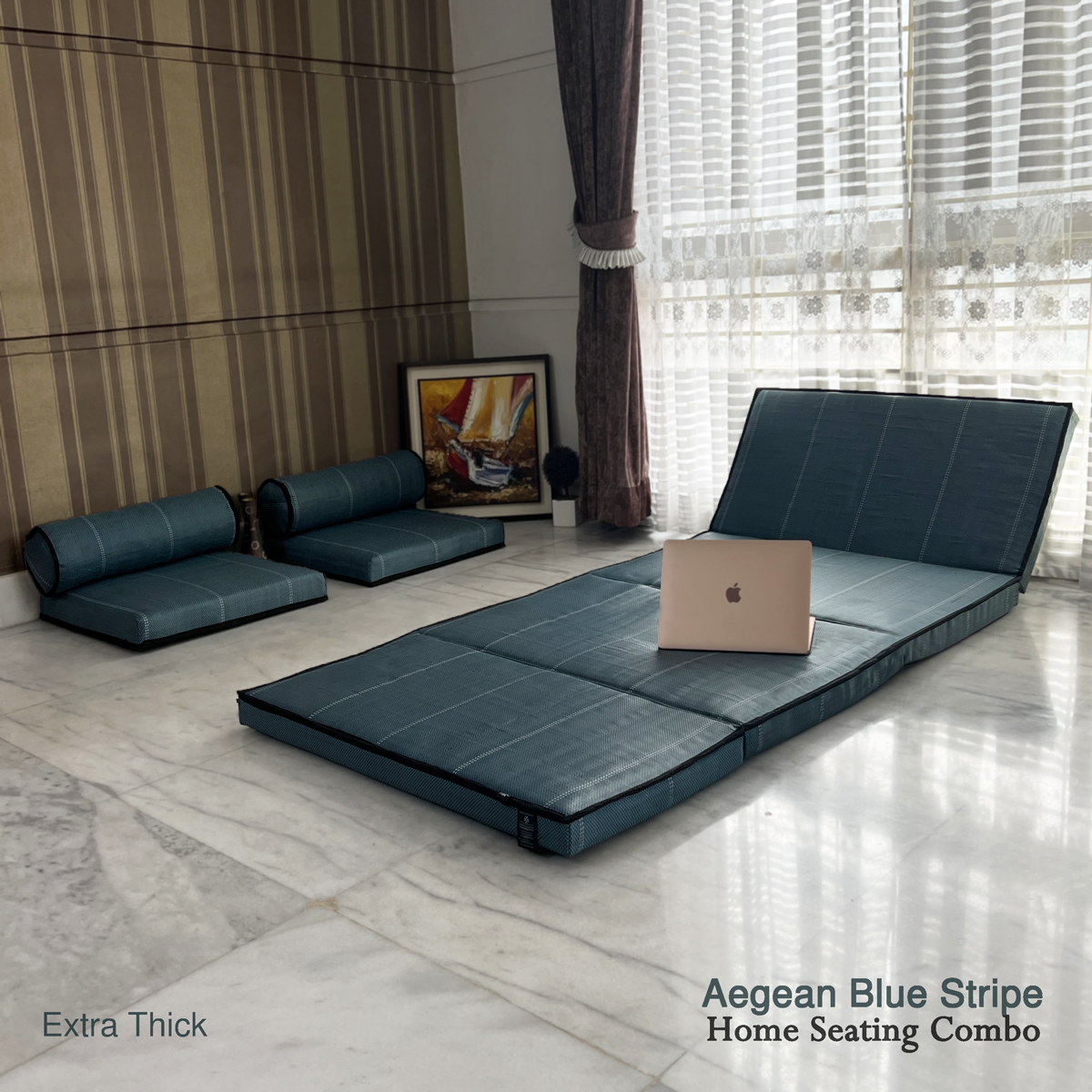 Aegean Blue Stripe Relax Home Seating Combo (5pcs) Extra Thick